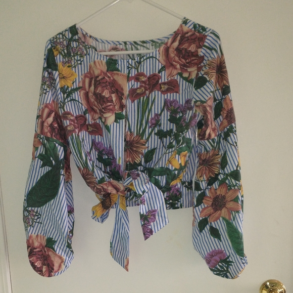 Jeuvre women's blue and white  floral striped crop blouse with open back - Picture 7 of 9